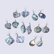 Abalone Shell/Paua Shell Dangle Earrings, with Brass Findings, Mixed Shapes, Platinum, 44~61mm, Pin: 0.7mm(EJEW-F147-E)