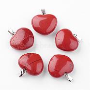 Natural Red Jasper Pendants, with Platinum Tone Alloy Findings, Heart, 21~22x23x10mm, Hole: 2.5x5.5mm(G-S219-17E)