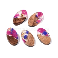 Transparent Resin and Walnut Wood Pendants, Oval Charms with Gold Foil, Mauve, 22x12.5x3.5mm, Hole: 2mm(RESI-T057-03G)