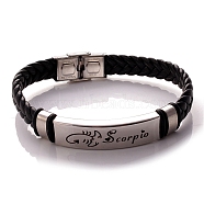 Braided Leather Cord Bracelets, Constellation Bracelet for Men, Scorpio, 8-1/4 inch(21cm)(PW-WG99416-08)
