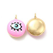 Brass Enamel Charms, Real 18K Gold Plated, Long-Lasting Plated, Flat Round with Evil Eye, Pink, 19x15.5x8mm, Hole: 2mm(KK-P222-07G-04)