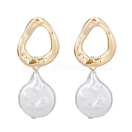 1 Pair Shell Pearl Dangle Stud Earrings, Brass Hollow Teardrop Earrings for Women, Light Gold, 33x12mm(EJEW-FI0002-18)