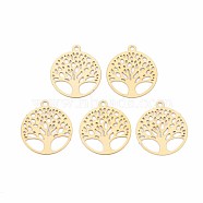 Rack Plating 201 Stainless Steel Filigree Pendants, Etched Metal Embellishments, Nickel Free, Flat Round with Tree of Life, Real 18K Gold Plated, 15.5x13.5x0.4mm, Hole: 1.2mm(STAS-T057-49G)