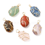 6Pcs Natural Mixed Gemstone Pendants, Oval Charms with Eco-Friendly Light Gold Plated Copper Wire Wrapped, 17.5~19x10x4.5~5.5mm, Hole: 2.2mm(PALLOY-JF02141)