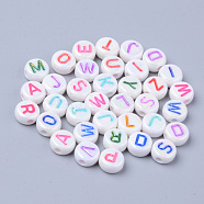 Opaque White Acrylic Beads, Metal Enlaced, Horizontal Hole, Flat Round with Letters, Mixed Color, 7x3.5mm, Hole: 1.8mm, about 3700pcs/500g(MACR-S273-46)
