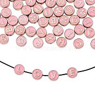 Alloy Enamel Beads, Flat Round with Letter, Light Gold, Pink, 8x3.5mm, Hole: 1.4mm, 50pcs/box(ENAM-CJ0001-96A)