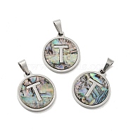 304 Stainless Steel with Paua Shell Pendants, Stainless Steel Color, Flat Round with Letter Charm, Letter.T, 18x16x1.5mm, Hole: 3x6mm(STAS-G268-02T-P)