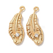 Brass Micro Pave Cubic Zirconia Pendants, Feather, Real 18K Gold Plated, 22x8x2mm, Hole: 1.5mm(KK-K378-19G)