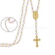 Glass Rosary Bead Necklace, Golden Brass Cross & Jesus Pendant Necklace, Pink, 19.69 inch(50cm)(WG16378-01)