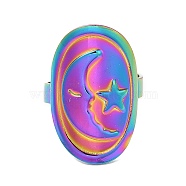 Ion Plating(IP) 304 Stainless Steel Moon with Star Open Cuff Ring for Women, Rainbow Color, Inner Diameter: 18mm(RJEW-M149-29RC)