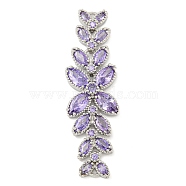 Brass Pave Lilac Cubic Zirconia Flower with Leaf Links Connector Charms, Long-Lasting Plated, Lead Free & Cadmium Free, Platinum, 50x15x5mm, Hole: 1mm(KK-P277-52P-03)