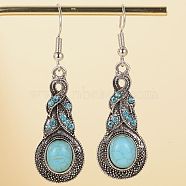 Boho Synthetic Turquoise Dnagle Earrings, with Alloy, Jewely for Women, Antique Silver, Teardrop, 54x15.5mm(PW23033192175)