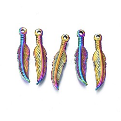 Ion Plating(IP) 304 Stainless Steel Pendants, Feather, Rainbow Color, 28x6x2.5mm, Hole: 1.6mm(STAS-N098-024)