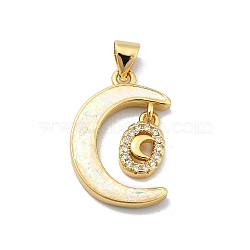 Brass Micro Pave Clear Cubic Zirconia Pendants, with Sythetic Opal, Real 18K Gold Plated, Moon, Moon, 21.5x15x3mm, Hole: 4x3.5mm(KK-A221-18A-G)