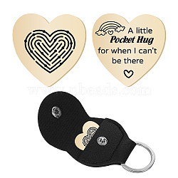 CREATCABIN 1Pc Heart Shape 201 Stainless Steel Commemorative Decision Maker Coin, Pocket Hug Coin, with 1Pc PU Leather Storage Pouch, Labyrinth Pattern, Heart: 26x26x2mm, Clip: 105x47x1.3mm(AJEW-CN0001-68K)