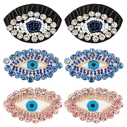 6pcs 3 style Evil Eye Non-woven Fabrics Cloth Sew on Appliques, Glass Rhinestone Appliques, Costume Accessories, Mixed Color, 33~43x28~55x4.5~6.5mm, 2pcs/style(PATC-GA0001-19)