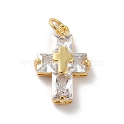 Rack Plating Brass Micro Pave Cubic Zirconia Pendants, Cadmium Free & Lead Free, Real 18K Gold Plated, Cross, Clear, 21.5x14x5.5mm, Hole: 3mm(X-KK-A160-05G)