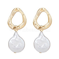 1 Pair Shell Pearl Dangle Stud Earrings, Brass Hollow Teardrop Earrings for Women, Light Gold, 33x12mm(EJEW-FI0002-18)