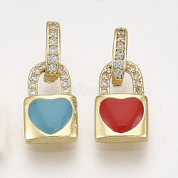 Brass Micro Pave Cubic Zirconia Charms, with Enamel, Padlock with Heart, Golden, Mixed Color, 12.5x7.5x2.5mm, Hole: 6x2.5mm(ZIRC-S061-104)