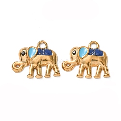 304 Stainless Steel Enamel Pendants, Elephant Charms, Ion Plating(IP), Real 18K Gold Plated, Dark Blue, 17x21x3mm, Hole: 2mm(STAS-Z193-12G-01A)
