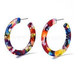 Cellulose Acetate(Resin) Half Hoop Earrings, with 304 Stainless Steel Pin, Round, Colorful, 41x2.5mm, Pin: 0.7mm(X-KY-S163-374)