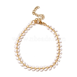 Enamel Ear of Wheat Link Chains Bracelet, Vacuum Plating 304 Stainless Steel Jewelry for Women, White, 6-7/8 inch(17.6cm)(BJEW-P271-02G-04)