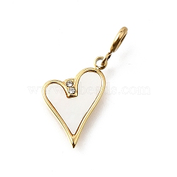 Heart 304 Stainless Steel Rhinestone Pendant Decorations, with White Shell and Spring Ring Clasps, Ion Plating(IP), Real 18K Gold Plated, 22mm(STAS-H202-03G)