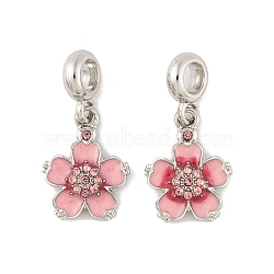 Rack Plating Alloy Light Rose Rhinestone European Dangle Charms, Flower Large Hole Pendants with Pink Enamel, Platinum, 29.5mm, Flower: 19x14.5x3.5mm, Hole: 4.5mm(FIND-C055-25P)