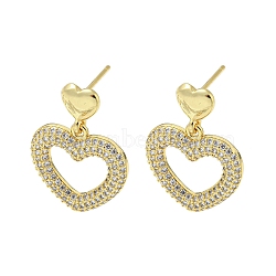 Heart Rack Plating Brass Micro Pave Cubic Zirconia Dangle Stud Earrings, Long-Lasting Plated, Lead Free & Cadmium Free, Real 18K Gold Plated, 26x18mm(EJEW-F331-24G)