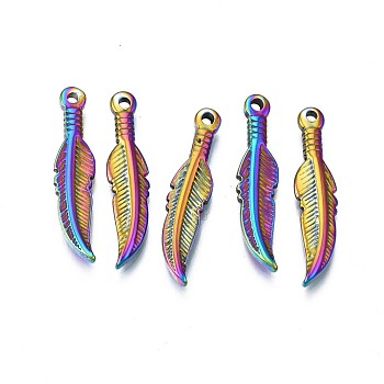 Ion Plating(IP) 304 Stainless Steel Pendants, Feather, Rainbow Color, 28x6x2.5mm, Hole: 1.6mm
