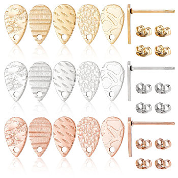 30Pcs 15 Style 304 Stainless Steel Stud Earring Findings, Textured Teardrop, with Holes, Mixed Color, 10x6mm, Hole: 1.2mm, Pin: 0.7mm, 2Pcs/style