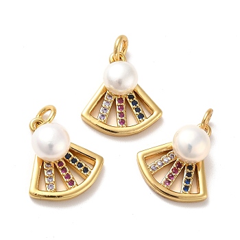Rack Plating Brass Micro Pave Cubic Zirconia Pendants, with Pearl Beads and Jump Rings, Shell, Golden, 15x13.5x6mm, Hole: 3mm