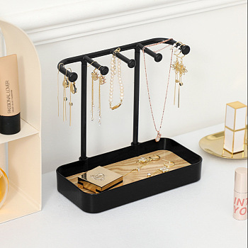 Plastic Jewelry Display Stand with Wood Tray, Desktop Jewelry Organizer Holder for Earring Rings Bracelets Storage, Black, 10x20x19cm