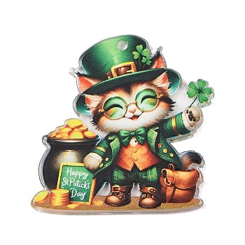 Saint Patrick's Day Opaque Printed Acrylic Pendants, Cat Shape, 35x35.5x2.5mm, Hole: 1.8mm