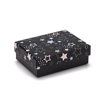 Cardboard Jewelry Box, with Black Sponge Mat, for Jewelry Gift Package, Rectangle with Star Pattern, Black, 9.3x7.3x3.25cm