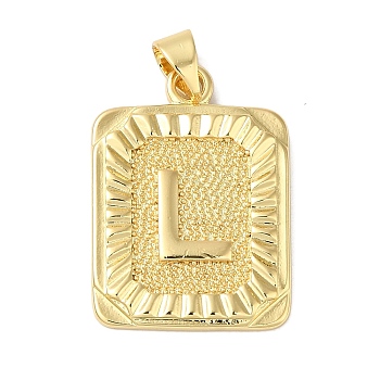 Rack Plating Brass Pendants, Long-Lasting Plated, Lead Free & Cadmium Free, Square with Letter Charms, Letter L, 24x17x2.5mm, Hole: 4x3.5mm