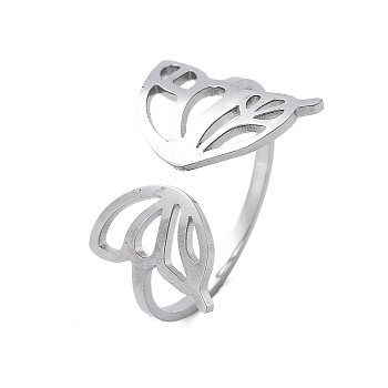 304 Stainless Steel Hollow Butterfly Wing Open Cuff Rings for Women, Stainless Steel Color, 19mm, US Size 8 1/2(18.5mm)