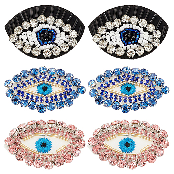 6pcs 3 style Evil Eye Non-woven Fabrics Cloth Sew on Appliques, Glass Rhinestone Appliques, Costume Accessories, Mixed Color, 33~43x28~55x4.5~6.5mm, 2pcs/style