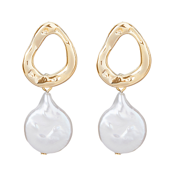 1 Pair Shell Pearl Dangle Stud Earrings, Brass Hollow Teardrop Earrings for Women, Light Gold, 33x12mm