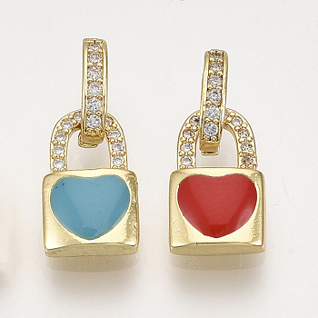 Brass Micro Pave Cubic Zirconia Charms, with Enamel, Padlock with Heart, Golden, Mixed Color, 12.5x7.5x2.5mm, Hole: 6x2.5mm