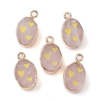 Natural Rose Quartz Pendants, Golden Plated Brass Oval Charms with Heart, 17.5x10.5x5mm, Hole: 1.6mm