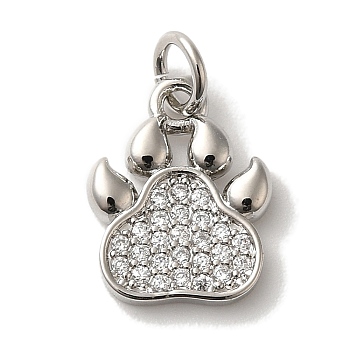 Rack Plating Brass Micro Pave Cubic  Zirconia Pendants, Long-Lasting Plated,  Cadmium Free & Lead Free, Paw Print, Platinum, 13.5x10.5x2mm, Hole: 3mm