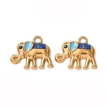 304 Stainless Steel Enamel Pendants, Elephant Charms, Ion Plating(IP), Real 18K Gold Plated, Dark Blue, 17x21x3mm, Hole: 2mm
