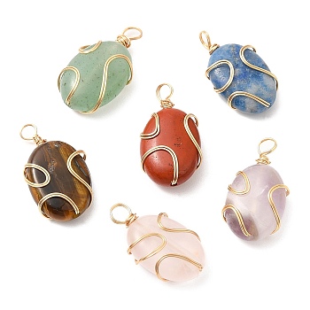 6Pcs Natural Mixed Gemstone Pendants, Oval Charms with Eco-Friendly Light Gold Plated Copper Wire Wrapped, 17.5~19x10x4.5~5.5mm, Hole: 2.2mm