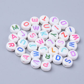 Opaque White Acrylic Beads, Metal Enlaced, Horizontal Hole, Flat Round with Letters, Mixed Color, 7x3.5mm, Hole: 1.8mm, about 3700pcs/500g