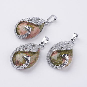 Natural Unakite Pendants, with Brass Finding, Teardrop with Peacock, Platinum, 33x20x10.5mm, Hole: 5x6.5mm