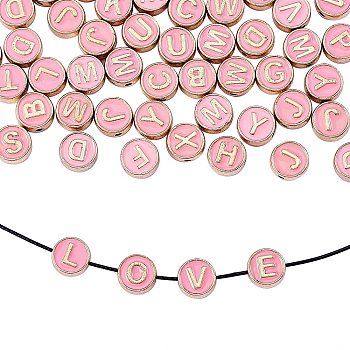 Alloy Enamel Beads, Flat Round with Letter, Light Gold, Pink, 8x3.5mm, Hole: 1.4mm, 50pcs/box