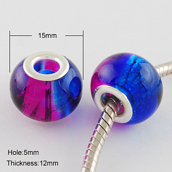 Spray Painted Two Tone Glass European Beads, with Brass Cores, Large Hole Beads, Rondelle, Silver Color Plated, Blue, 15x12mm, Hole: 5mm