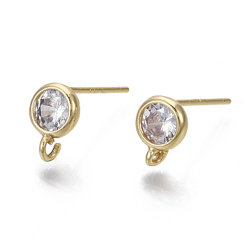 Brass Micro Clear Cubic Zirconia Stud Earring Findings, with Loop, Nickel Free, Flat Round, Real 18K Gold Plated, 8x6mm, Hole: 1.2mm, Pin: 0.7mm