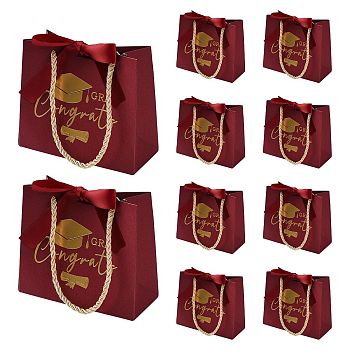 Gold Stamping Graduation Cap Paper Gift Bags, with Polyester Handles and Ribbon, Rectangle, Dark Red, 12x6x14cm